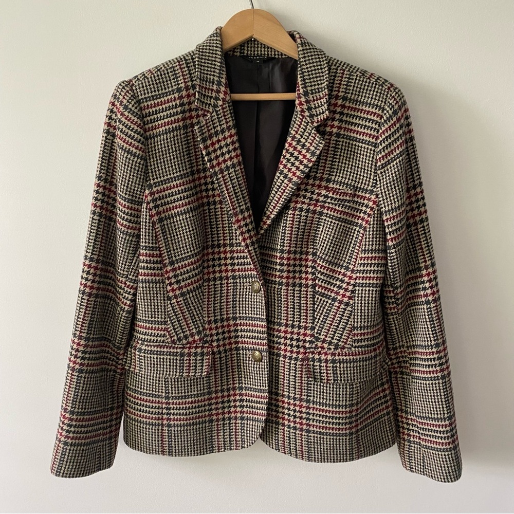 Jessica beige and dark grey plaid tailored wool blazer jacket size 10 womens